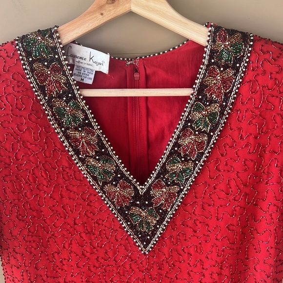 Vintage Laurence Kazar Sz M Allover Sequin Red Holiday Bow Novelty Trim Blouse - Picture 8 of 14